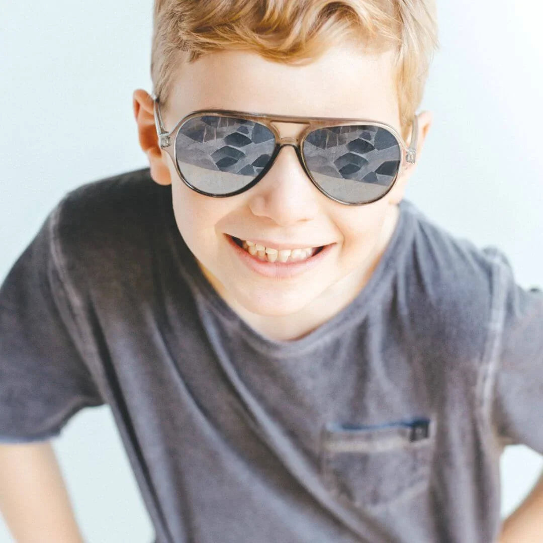 Frankie Ray Kids Sunglasses Stanley Crystal Grey with classic square frame and UV400 smoke lenses for children aged 3 to 8 years