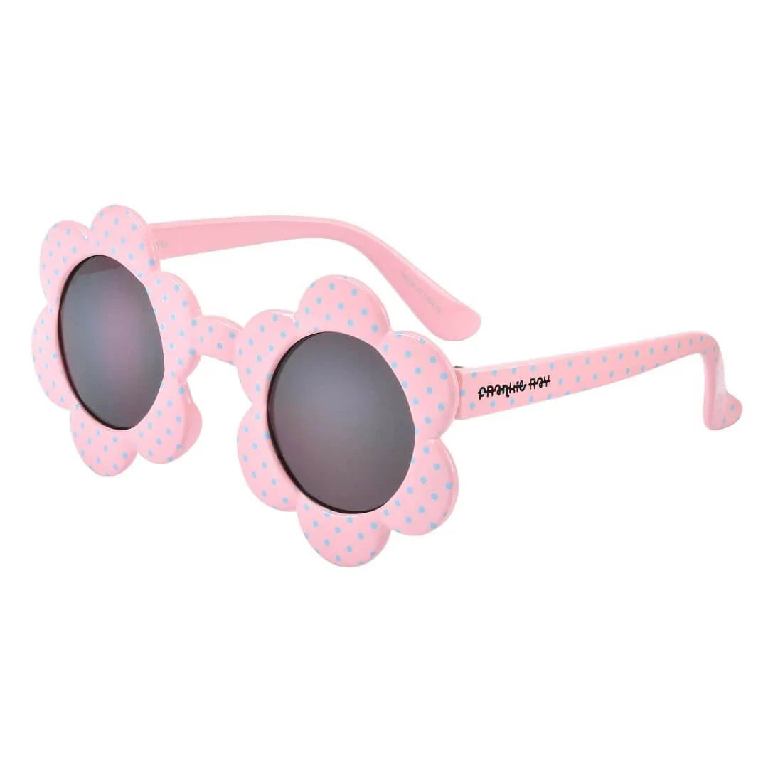 Frankie Ray Kids Sunglasses Daisy Pink with classic rounded pink frame and UV400 smoke lenses for children aged 3 to 8 years
