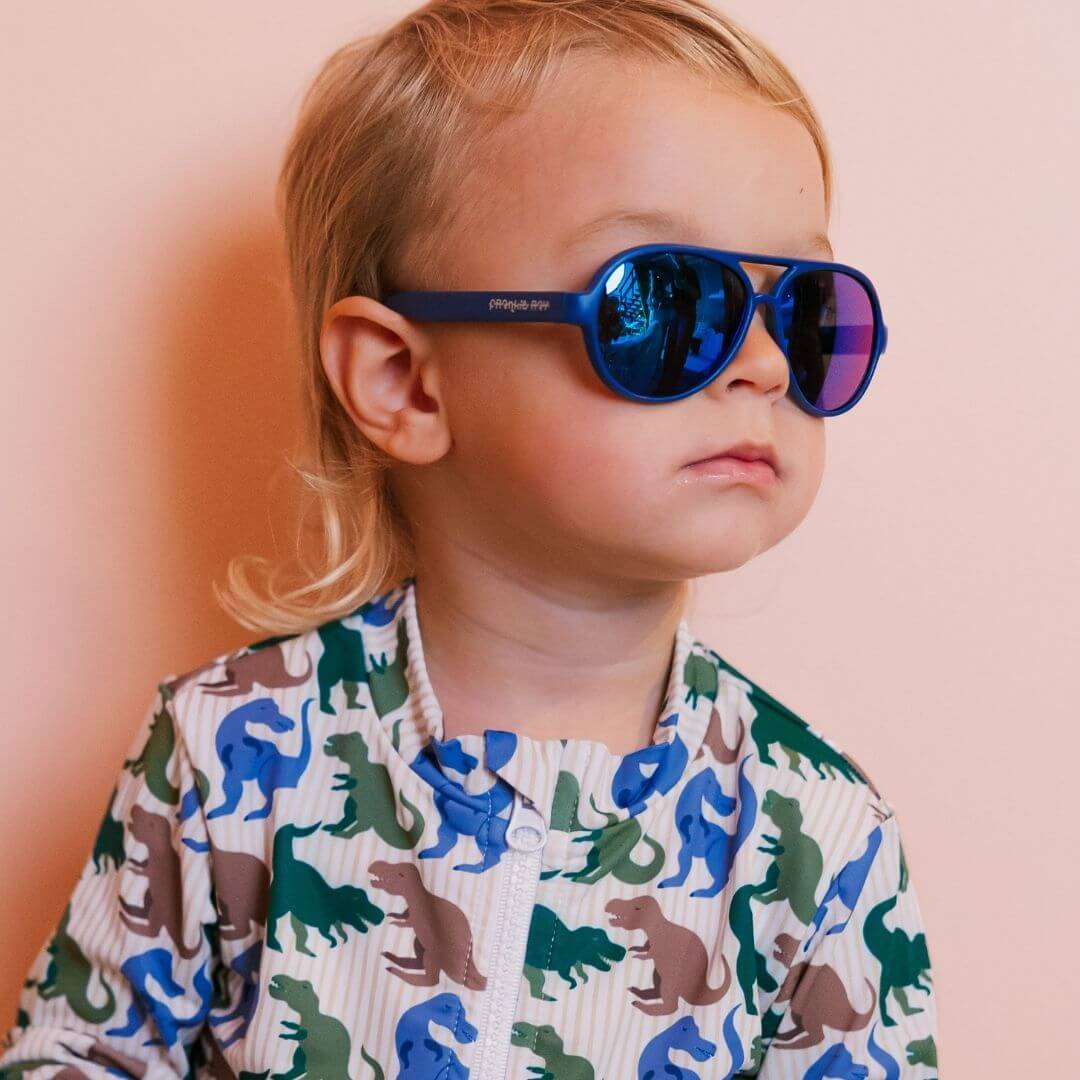 Frankie Ray Kids Sunglasses Pilot Blue with classic aviator-inspired frame and UV400 smoke lenses for children aged 3 to 8 years