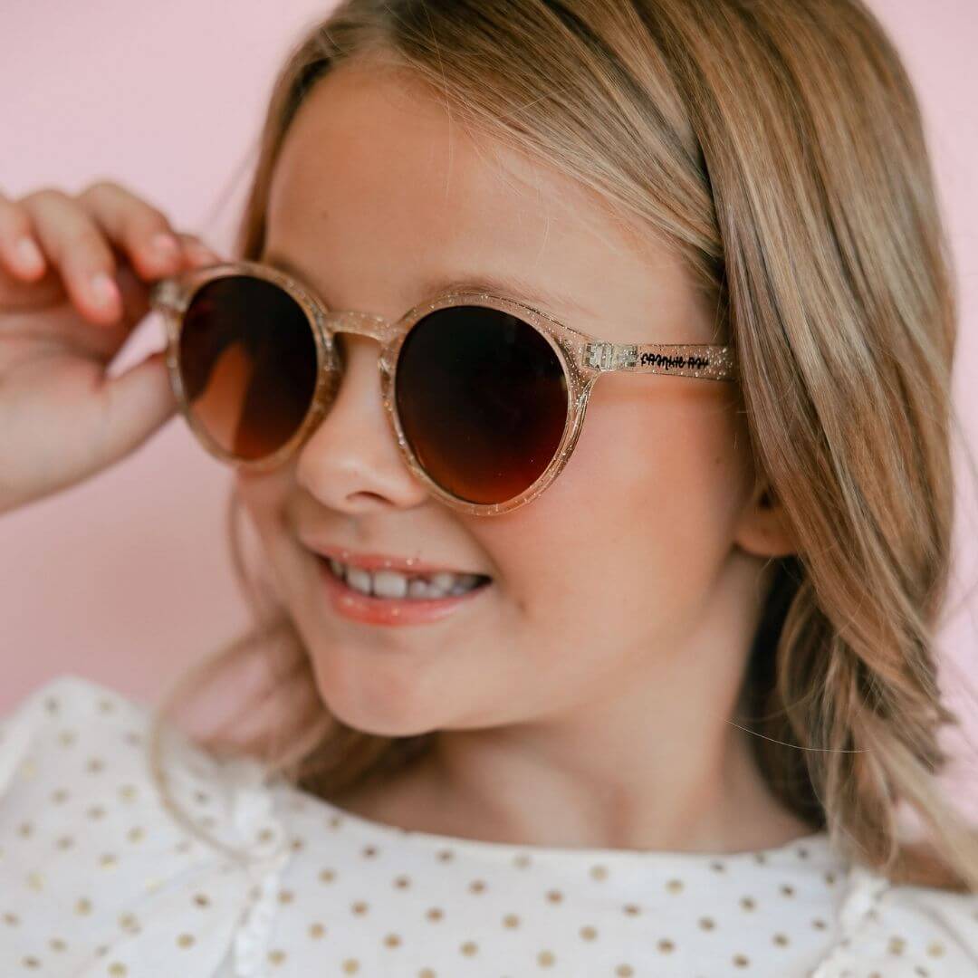 Frankie Ray Kids Sunglasses Shine Gold with rounded translucent gold frame and UV400 smoke lenses for children aged 3 to 8 years