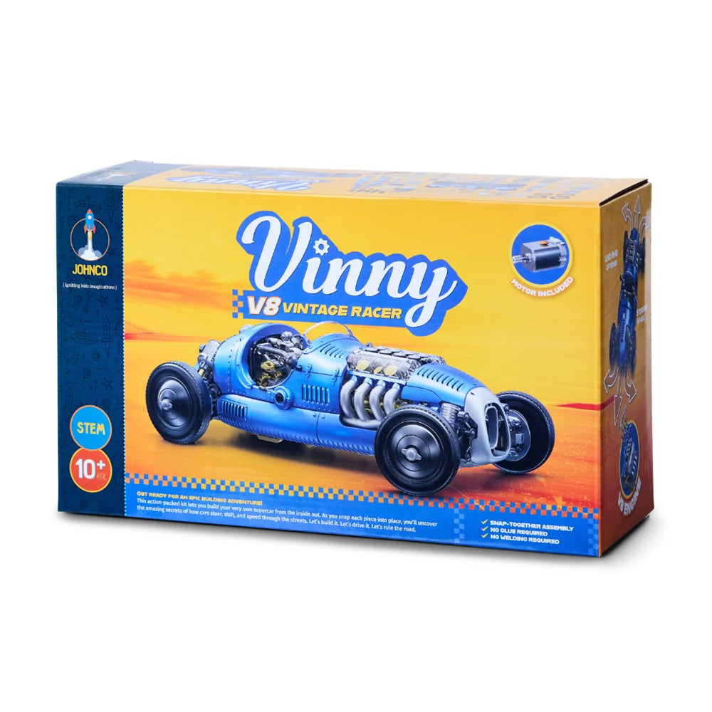 Johnco Vinny V8 Vintage Racer STEM model car kit box on a plain white background (