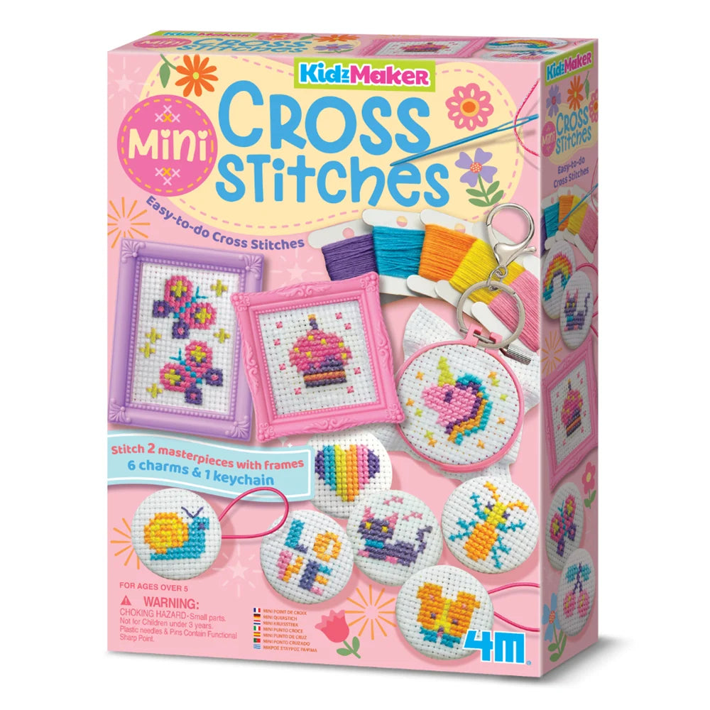 4M KidzMaker Mini Cross-Stitch Buttons craft kit box shown front-on against a white background
