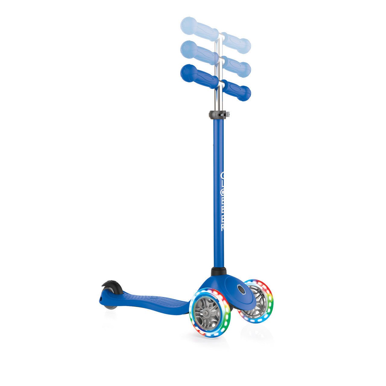 Globber 3 Wheel Primo Lights Scooter with Anodised T Bar- Navy Blue