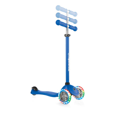 Globber 3 Wheel Primo Lights Scooter with Anodised T Bar- Navy Blue