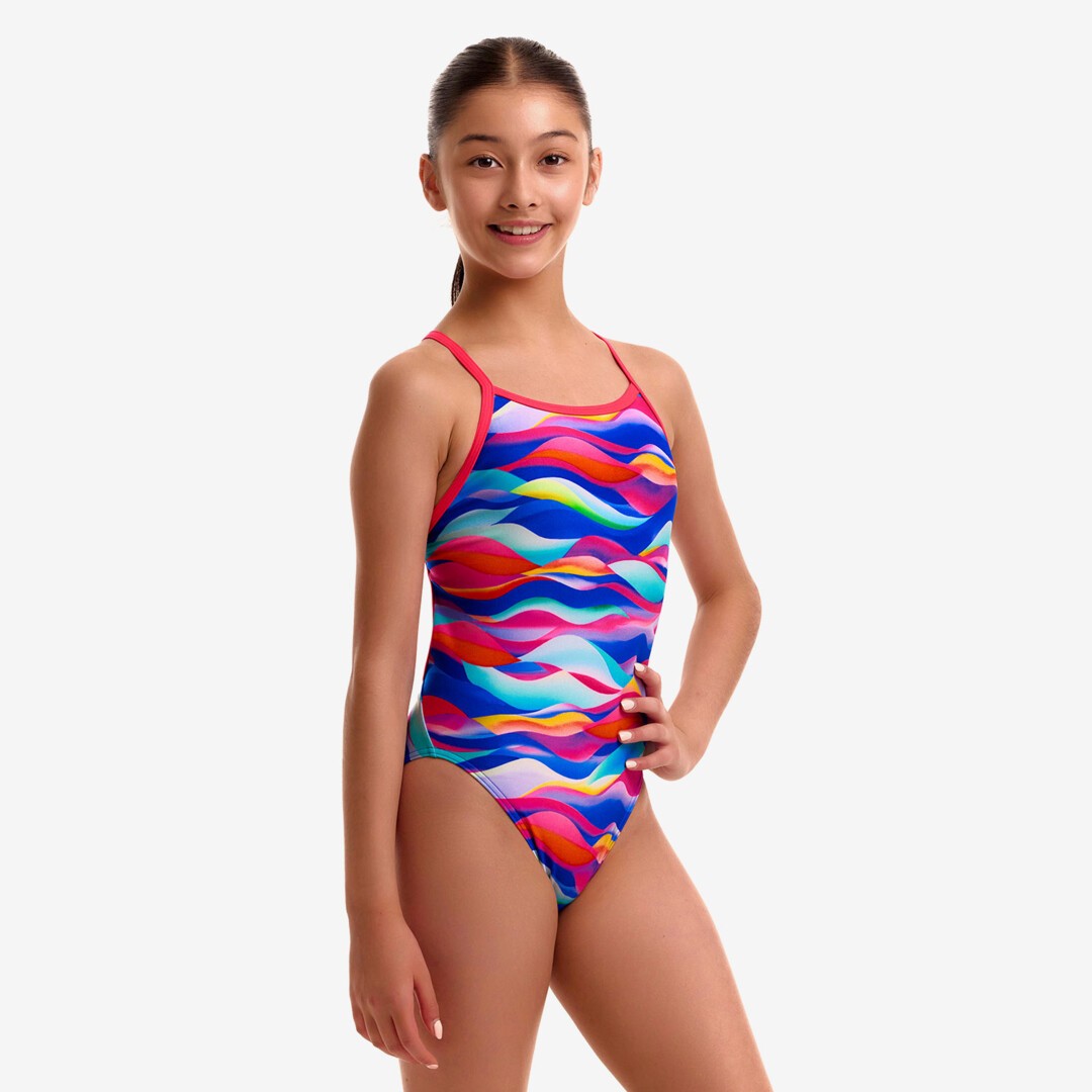 Funkita Girls Royal Wave Single Strap One Piece Swimsuit with chlorine-resistant ECO C-INFINITY fabric for training