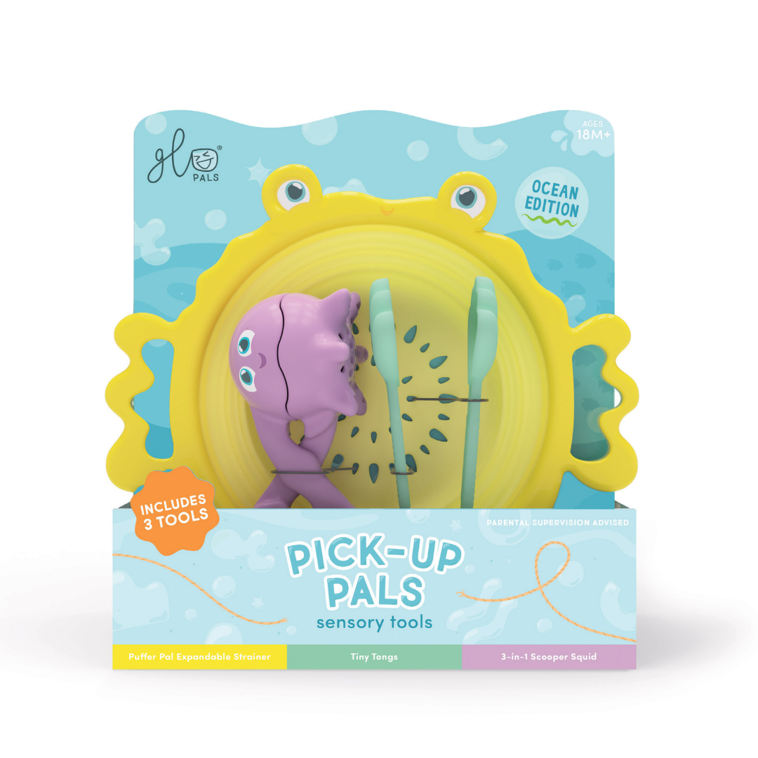 Glo Pals Pick-Up Pals sensory tools set with scooper, tongs and expandable strainer for sensory play