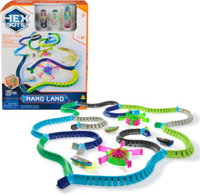 Hex Dots Nano Land toy set with a colorful micro-robot circuit board track, small electric vehicles, and a retail box on a white background.