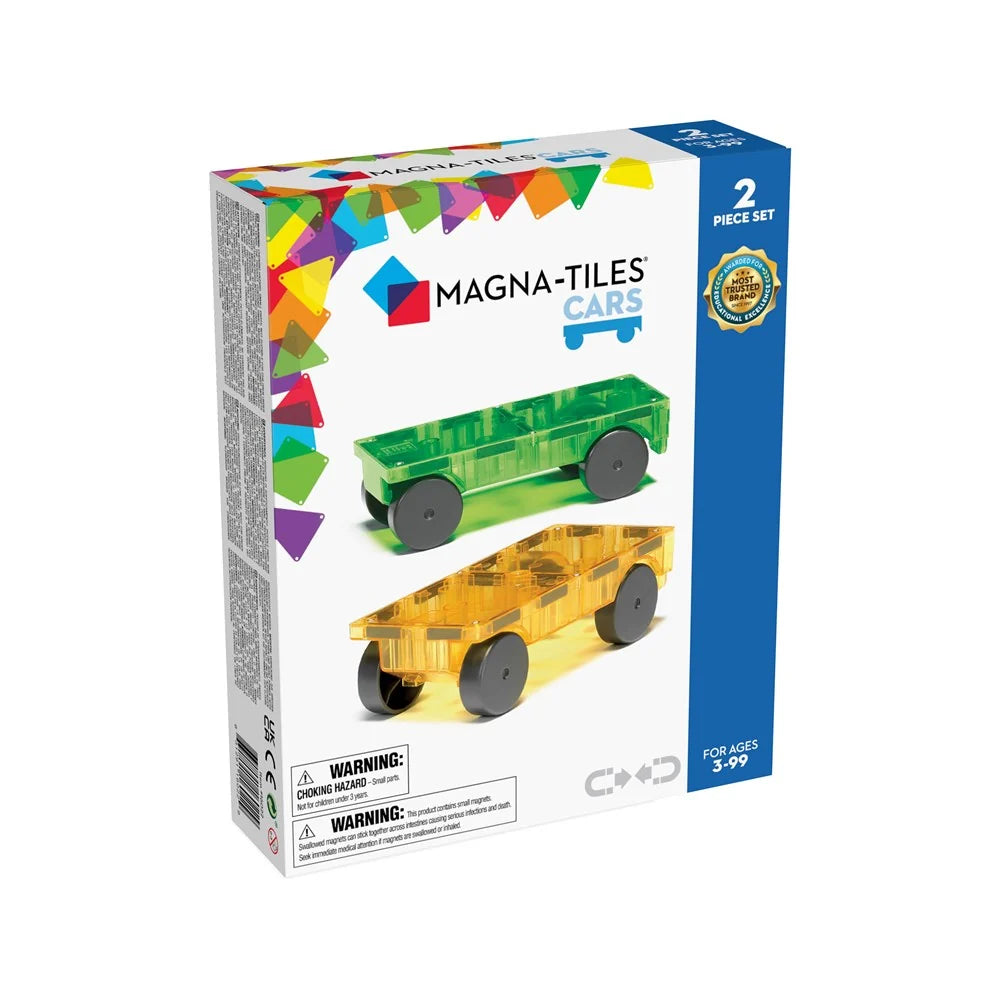 MAGNA-TILES Cars expansion set with green and yellow wheeled chassis on a white background