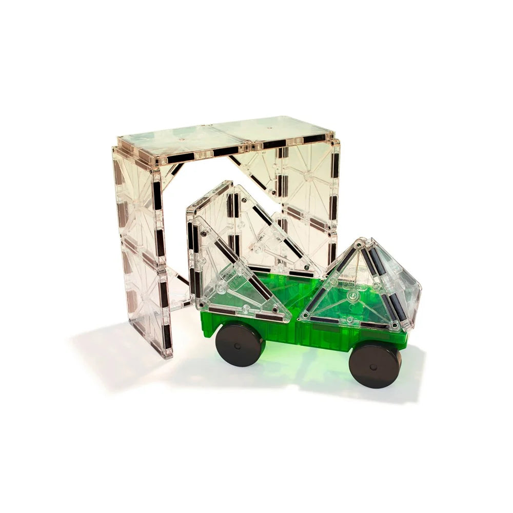 The two magnetic car chassis, one green and one yellow, shown side by side from above