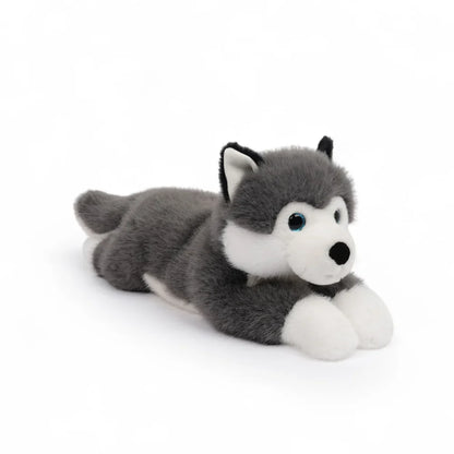 One Love Scout Husky weighted plush toy with grey and white fur and bright blue eyes made from recycled materials