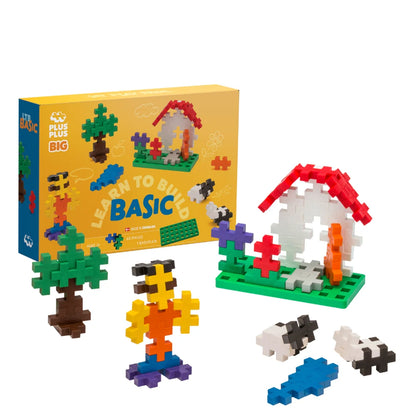 Set contents laid out: 60 chunky BIG pieces, the green baseplate and the guidebook