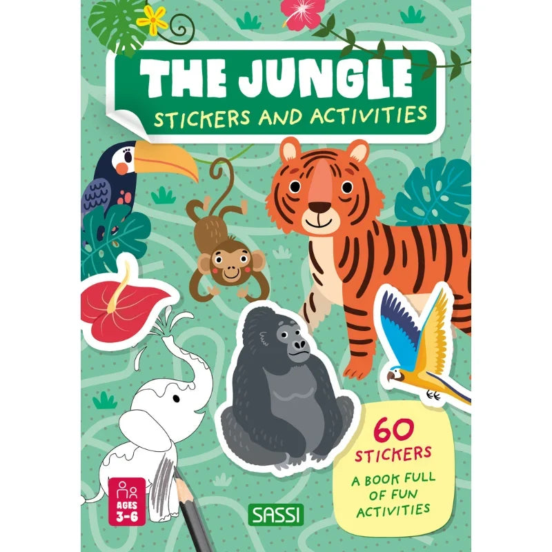 Sassi Stickers & Activities Book The Jungle featuring 24 activity pages with jungle animals, colouring, puzzles and 60 colourful stickers