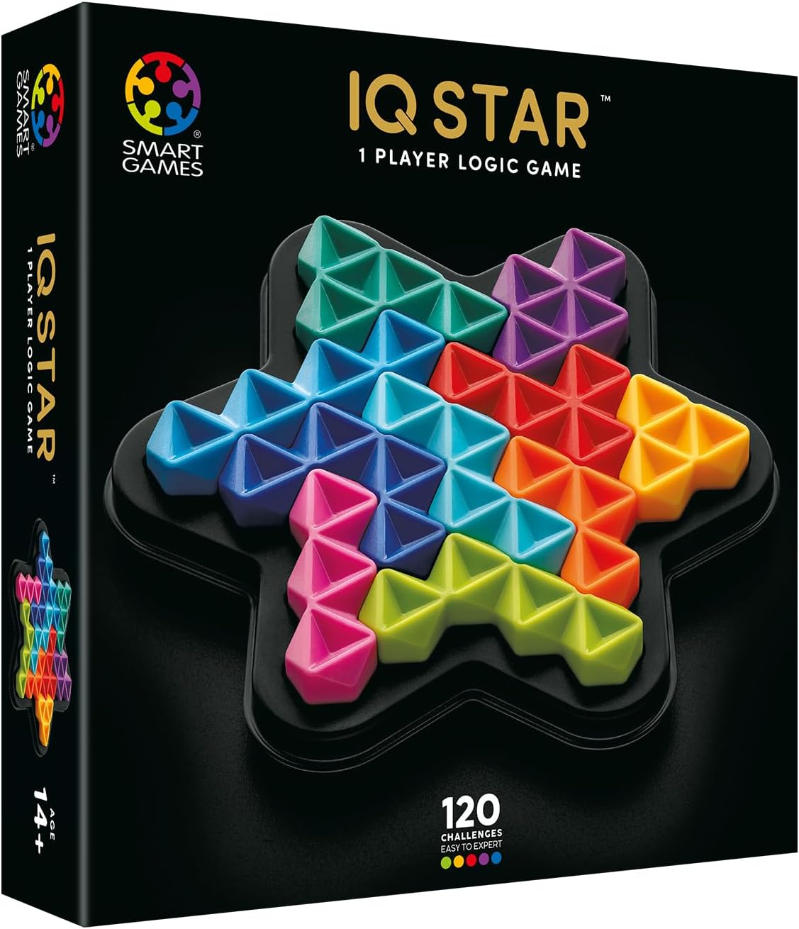 IQ Star 1 Player Logic Game box by Smart Games, featuring a colorful triangular star-shaped board on a black background.