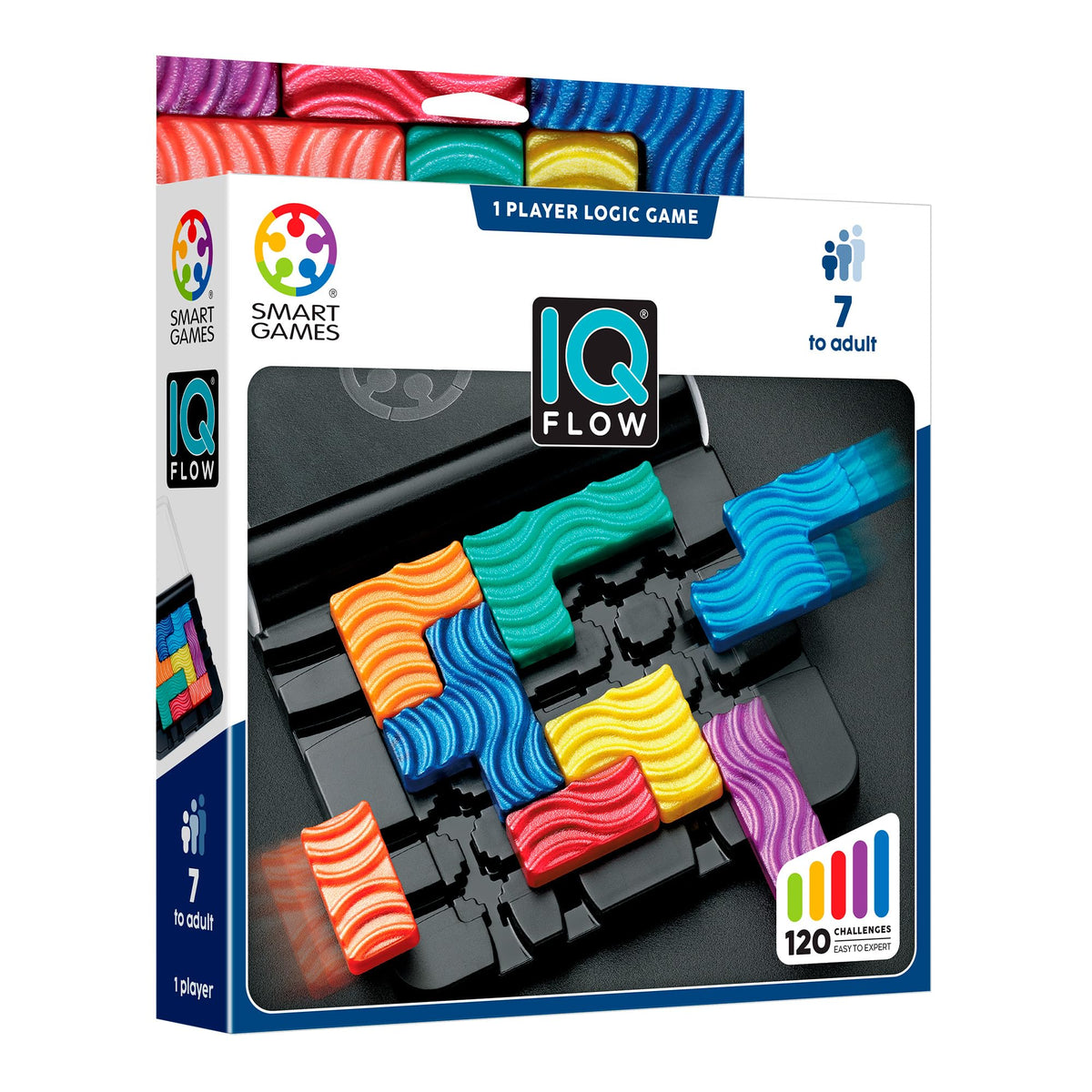 IQ Flow 1-player logic game box by Smart Games, featuring colorful wavy plastic pieces on a black board, shown in retail packaging on a white background.