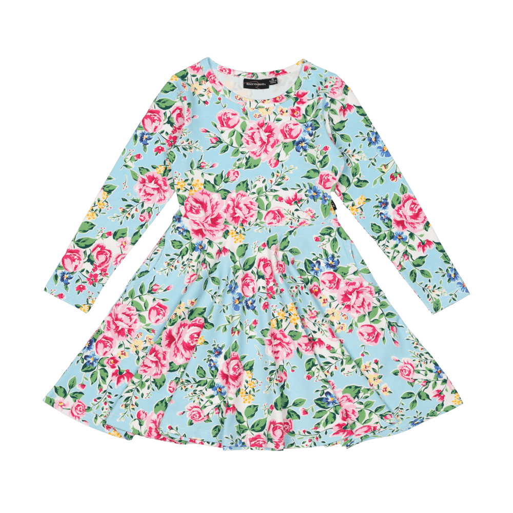 Rock Your Baby - Blue Garden Waisted Dress (sizes 2-7)