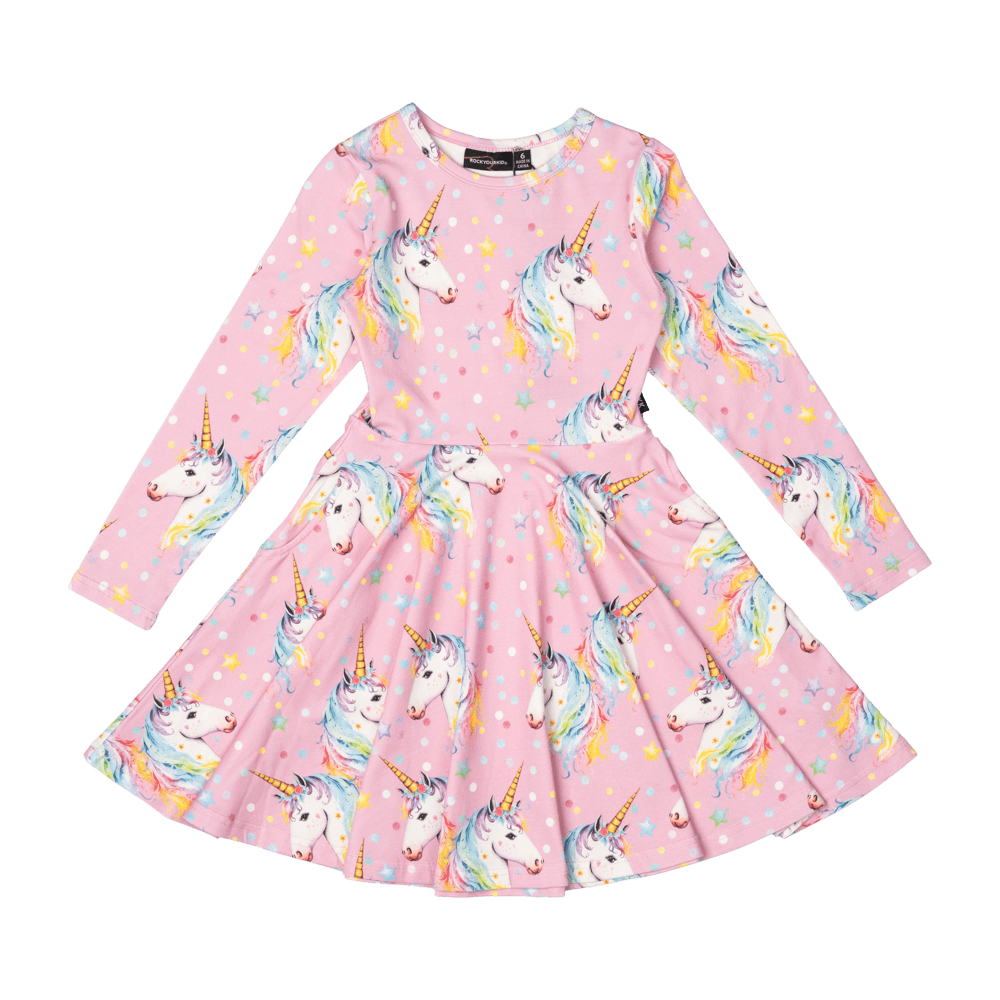 Rock Your Baby - Dotty Unicorn Long Sleeve Waisted Dress (sizes 2-7)
