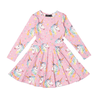 Rock Your Baby - Dotty Unicorn Long Sleeve Waisted Dress (sizes 2-7)