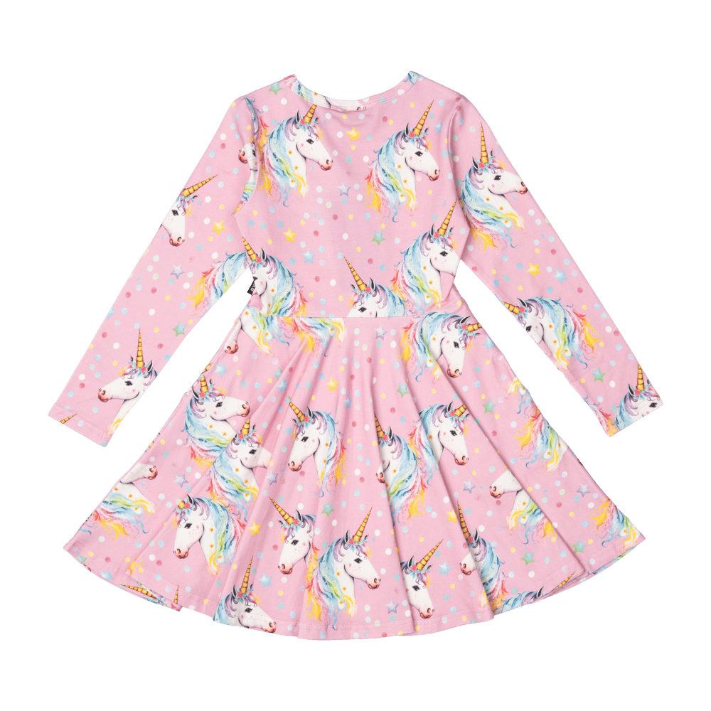 Rock Your Baby - Dotty Unicorn Long Sleeve Waisted Dress (sizes 2-7)