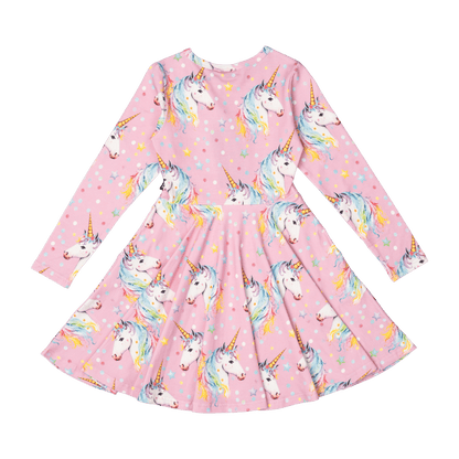 Rock Your Baby - Dotty Unicorn Long Sleeve Waisted Dress (sizes 2-7)