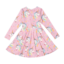 Rock Your Baby - Dotty Unicorn Long Sleeve Waisted Dress (sizes 8-12)