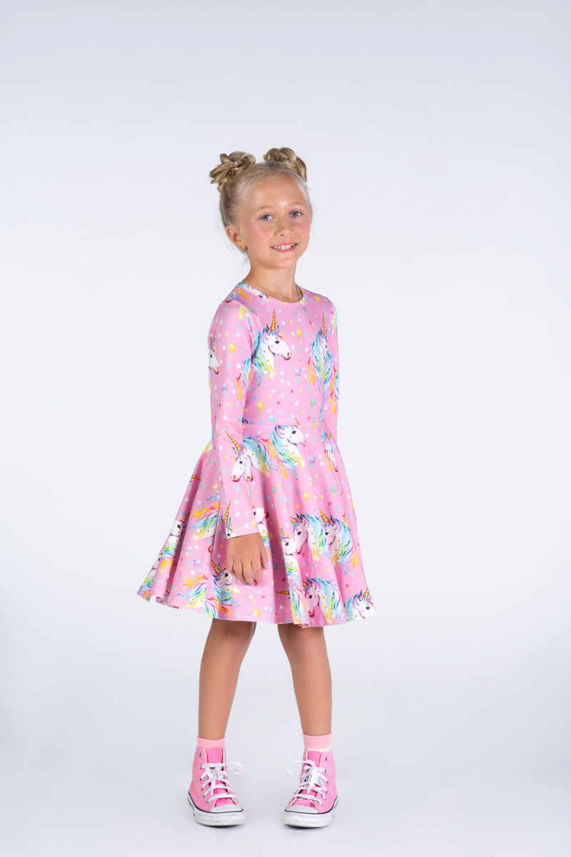 Rock Your Baby - Dotty Unicorn Long Sleeve Waisted Dress (sizes 8-12)