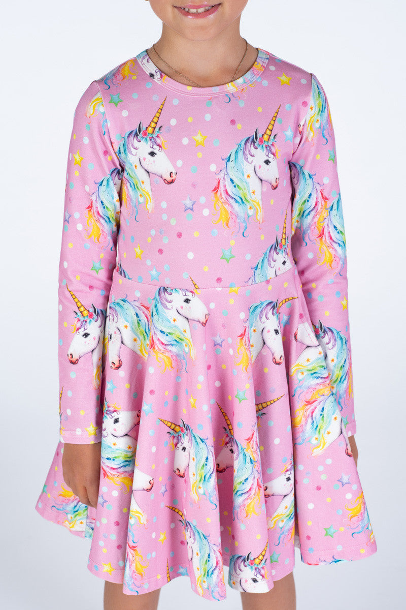 Rock Your Baby - Dotty Unicorn Long Sleeve Waisted Dress (sizes 2-7)