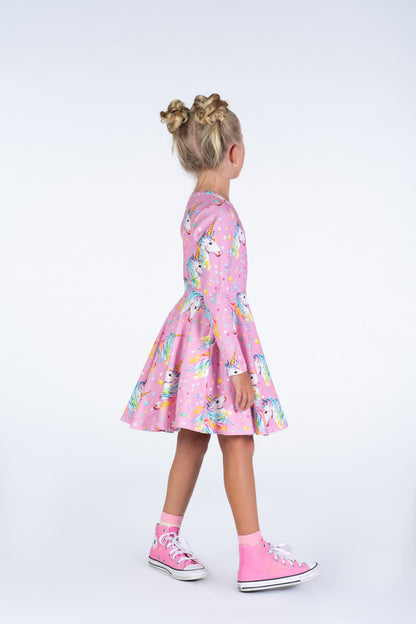 Rock Your Baby - Dotty Unicorn Long Sleeve Waisted Dress (sizes 2-7)