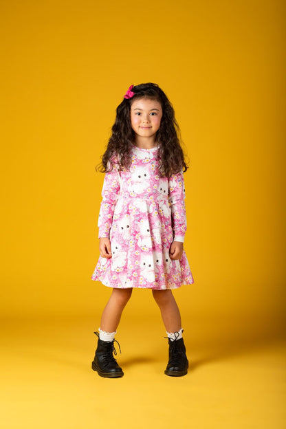 White Kitten Long Sleeve Waisted Dress