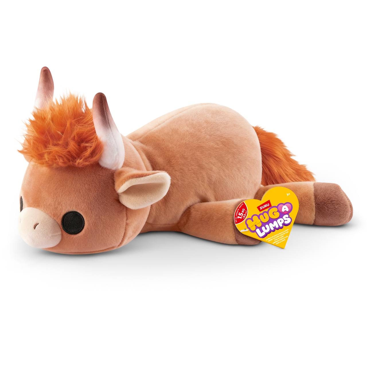 ZURU Hug-a-Lumps weighted fluffy plush Highland cow soft toy with soft brown fur, fluffy orange hair and horns, super soft sensory comfort plush for kids.