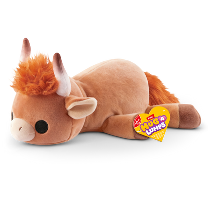 ZURU Hug-a-Lumps weighted fluffy plush Highland cow soft toy with soft brown fur, fluffy orange hair and horns, super soft sensory comfort plush for kids.