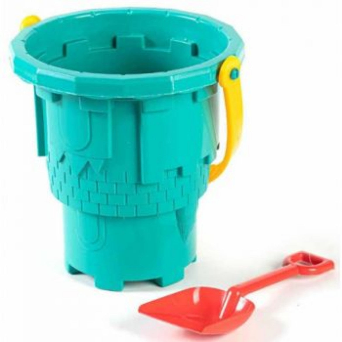 Colourful castle-shaped beach bucket with yellow handle and red spade for kids sandcastle and outdoor beach play.