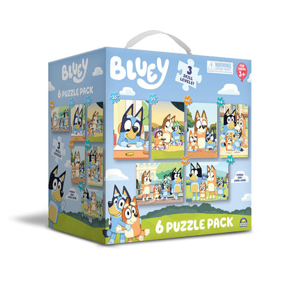 Bluey 6 puzzle pack featuring 3 skill levels and Bluey family characters
