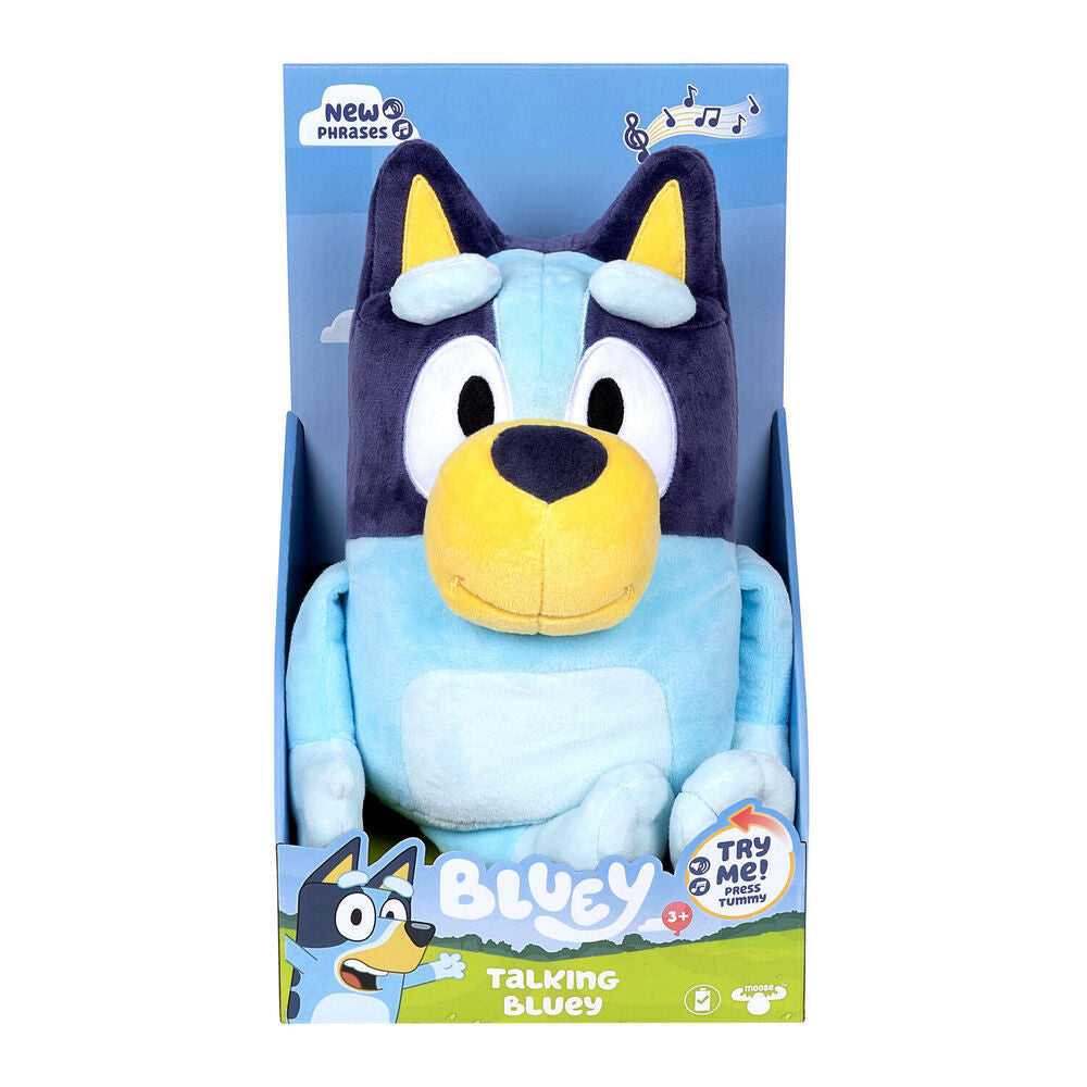 Bluey® Talking Bluey Plush interactive soft toy featuring sound phrases activated by pressing Bluey's tummy