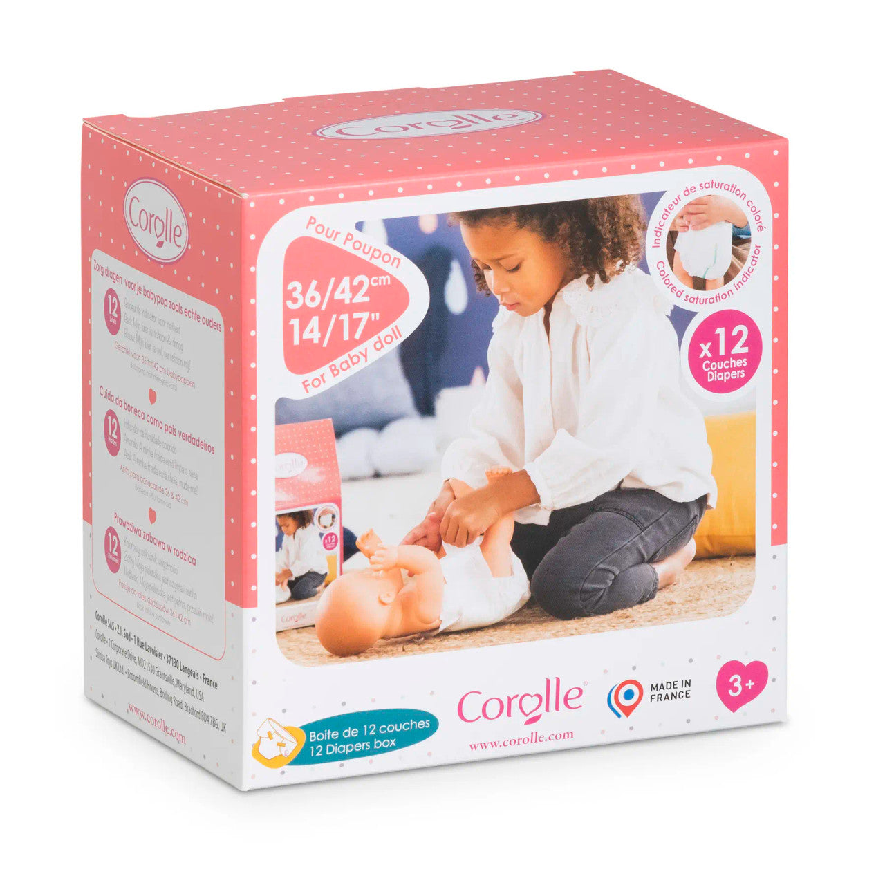 Box of 12 nappies for Corolle 36cm and 42cm baby dolls with realistic saturation indicator
