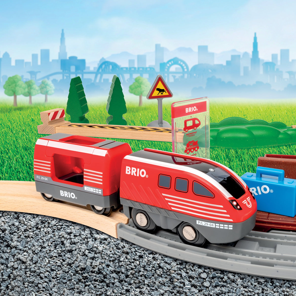 BRIO World Pull Back Train Set 28-piece wooden railway with battery-free pull back locomotive, passenger wagon and station platform