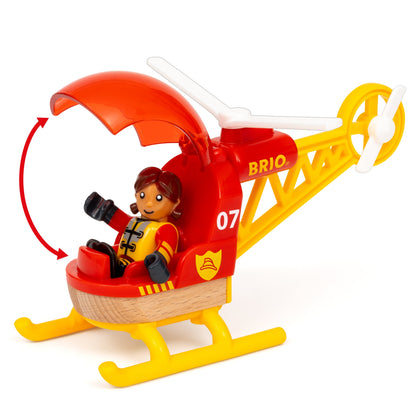 BRIO World Mega Spiral Set 73-piece wooden railway with battery-powered train, spiral supports, bridge, helicopter and cargo accessories