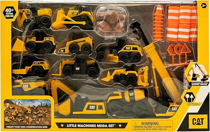 CAT Little Machines Mega Set 41 piece construction toy vehicle set with XL crane, excavator, cones and signs