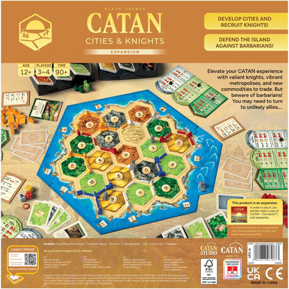 Back of Catan Cities and Knights Expansion 6th Edition box showing game contents