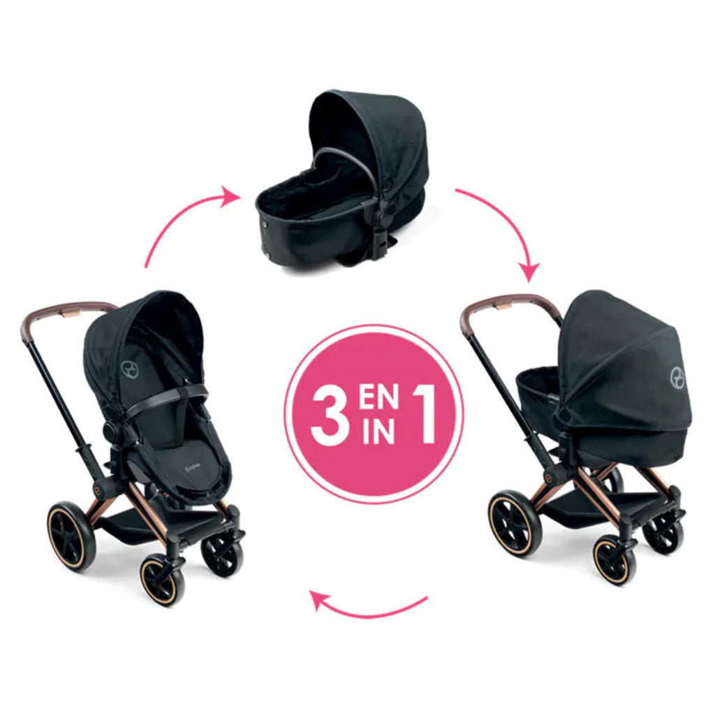 Front view of the black Corolle x Cybex doll pram showing the canopy and the underseat basket