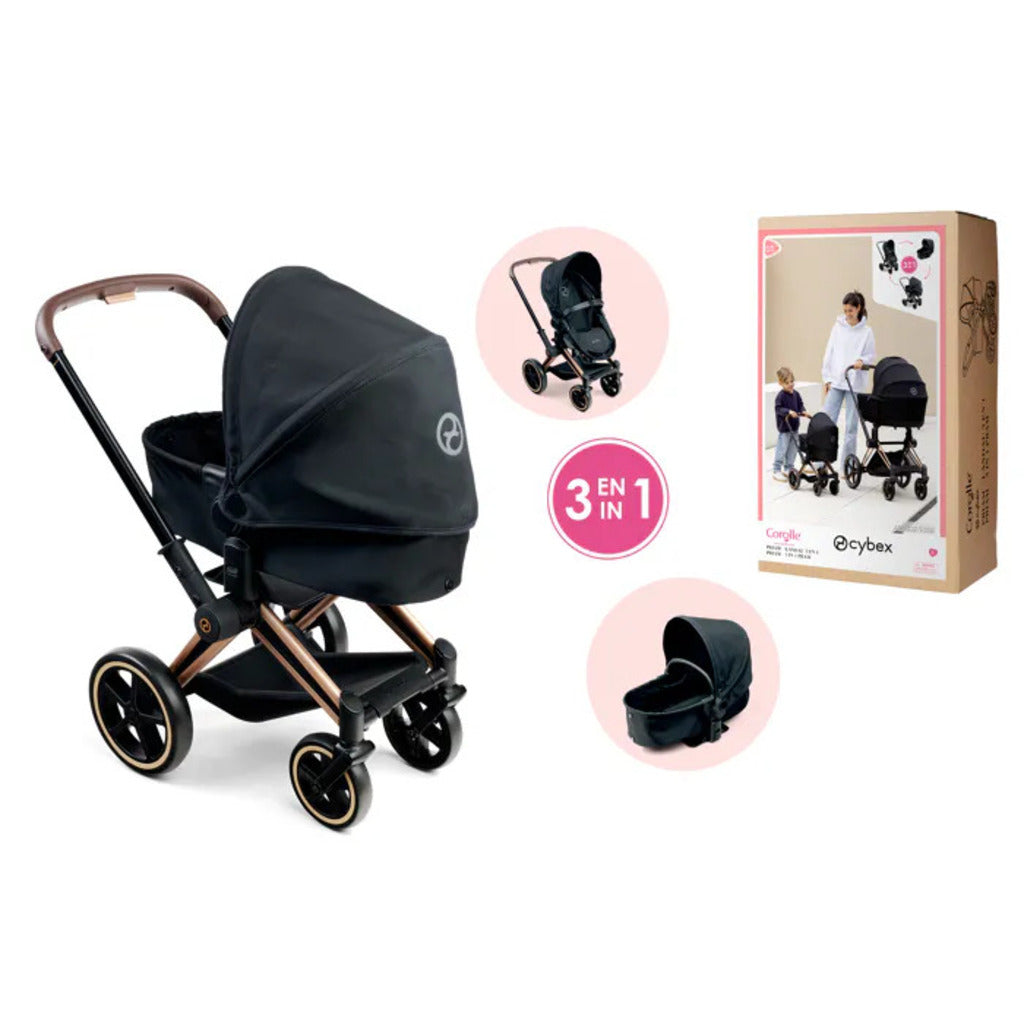 Side view of the Corolle x Cybex doll pram in pram mode, showing the black carrycot and rose gold frame