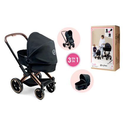 Side view of the Corolle x Cybex doll pram in pram mode, showing the black carrycot and rose gold frame