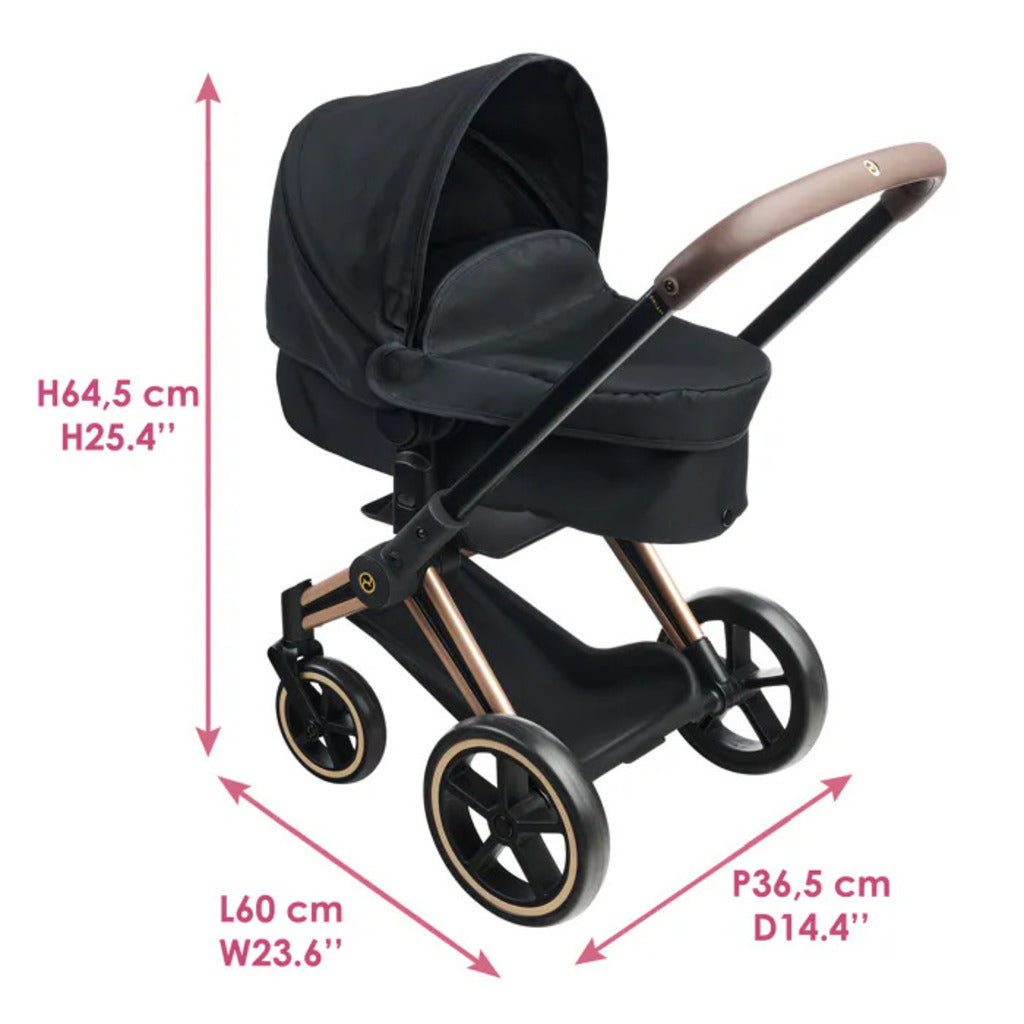 Close-up of the rose gold frame detailing on the black Corolle x Cybex 3-in-1 doll pram