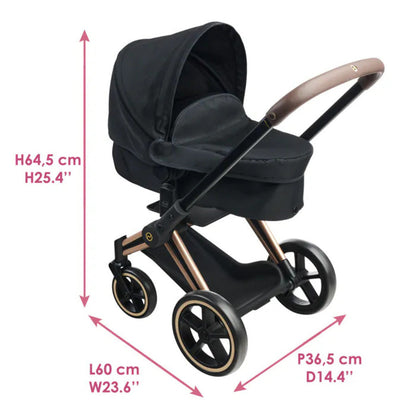 Close-up of the rose gold frame detailing on the black Corolle x Cybex 3-in-1 doll pram