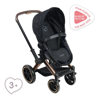Detail of the movable canopy on the black Cybex doll pram, which folds up or down