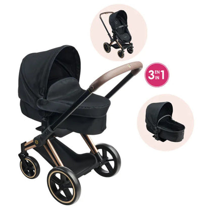 Close-up of the sturdy underseat basket on the Corolle x Cybex 3-in-1 doll pram, for storing doll essentials