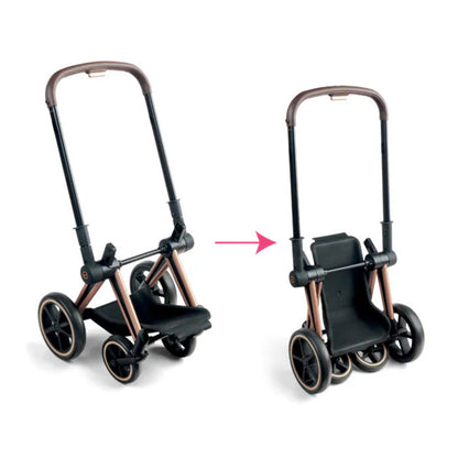 Detail of the handlebar on the Corolle x Cybex doll pram, set at 64.5cm to suit a child's height