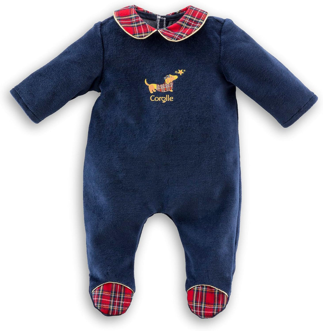 Corolle En Fêtes pyjamas for 42cm Mon Grand Corolle baby dolls with navy velour and tartan trim