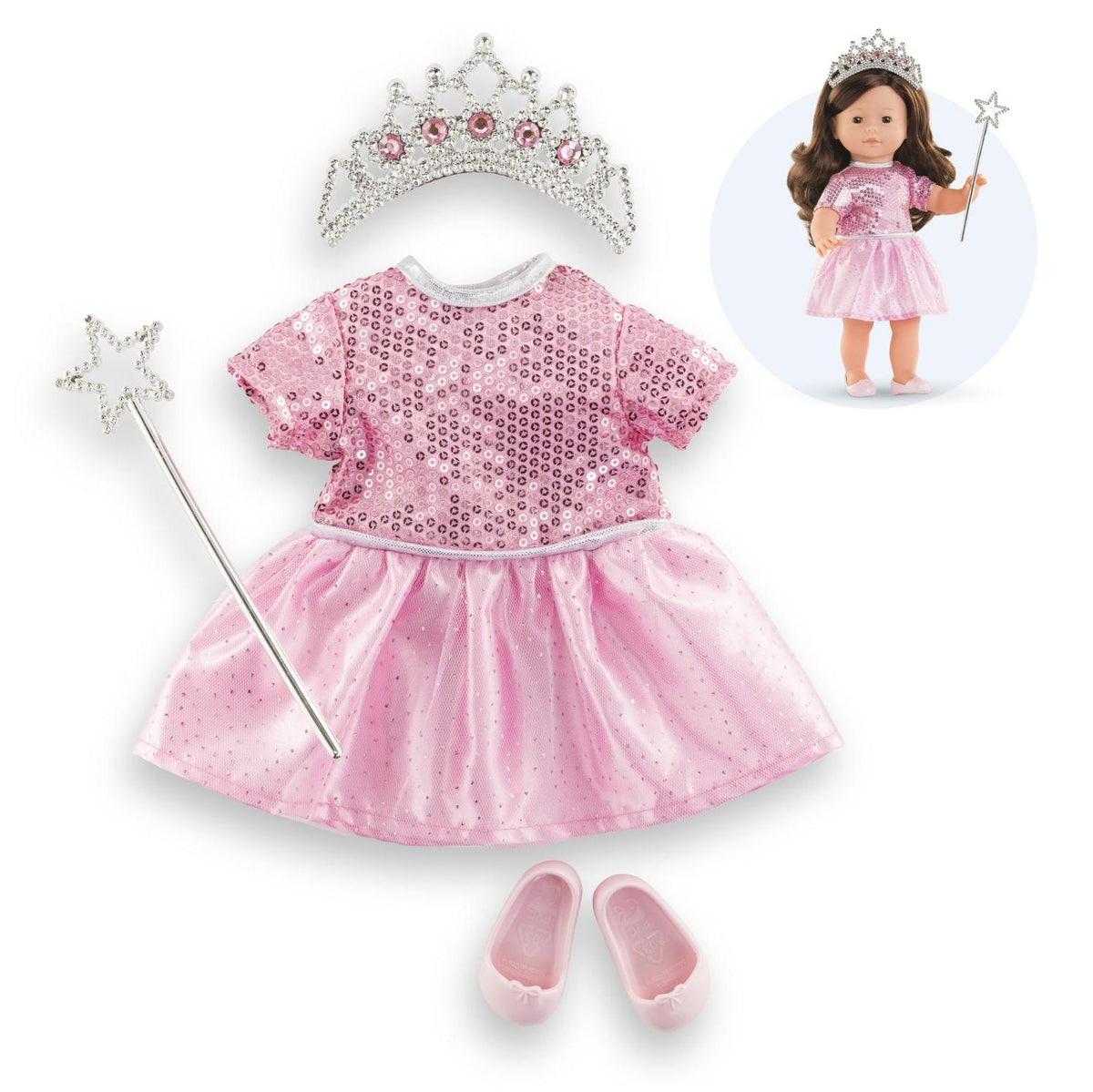 Corolle Ma Corolle Birthday Princess Outfit Set with pink dress, tiara, wand and shoes