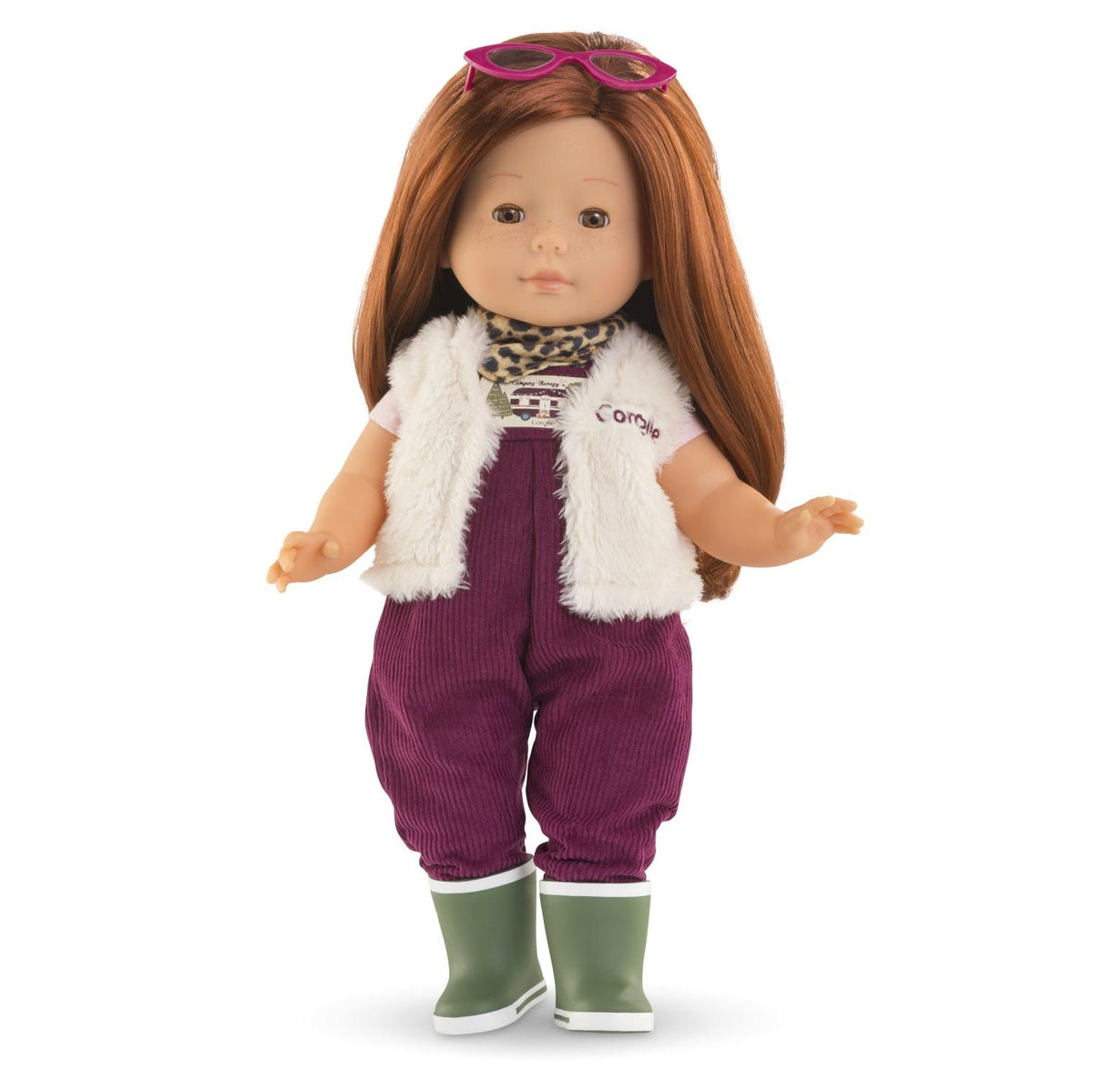 Ma Corolle doll wearing berry corduroy explorer outfit with cream faux-fur vest