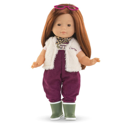 Ma Corolle doll wearing berry corduroy explorer outfit with cream faux-fur vest